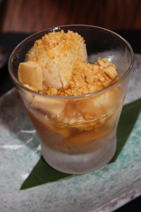 Palm sugar ice cream sundae with salted honeycomb and lime jelly